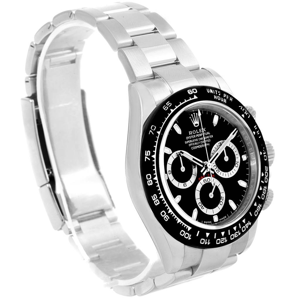 The Rolex Daytona 116500 Men's Stainless Steel Black Dial 116500 Men's Stainless Steel Black Dial watch is shown at an angle displaying its face, black bezel, and stainless steel bracelet.