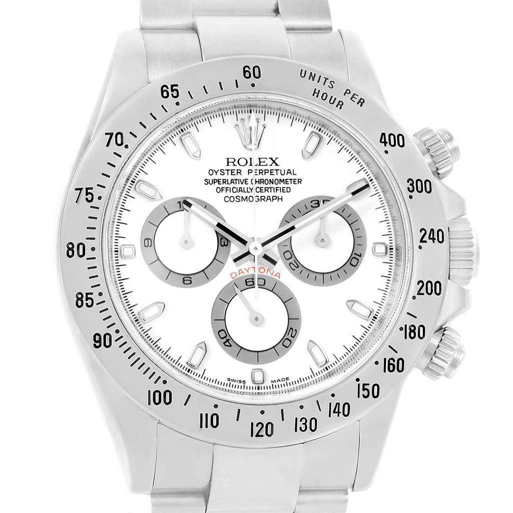 The image shows a Rolex Daytona 116520 Men's Stainless Steel White Dial 116520 Men's Stainless Steel White Dial watch from a front angle, highlighting its face, bezel, and part of the bracelet.