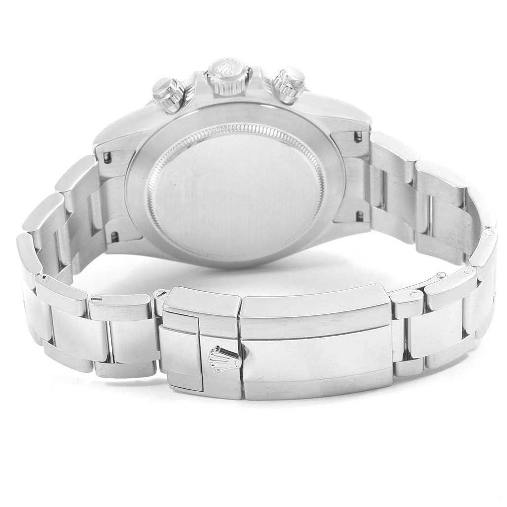 This image shows the back view of the Rolex Daytona 116520 Men's Stainless Steel White Dial 116520 Men's Stainless Steel White Dial watch, highlighting the bracelet, clasp, and case back.