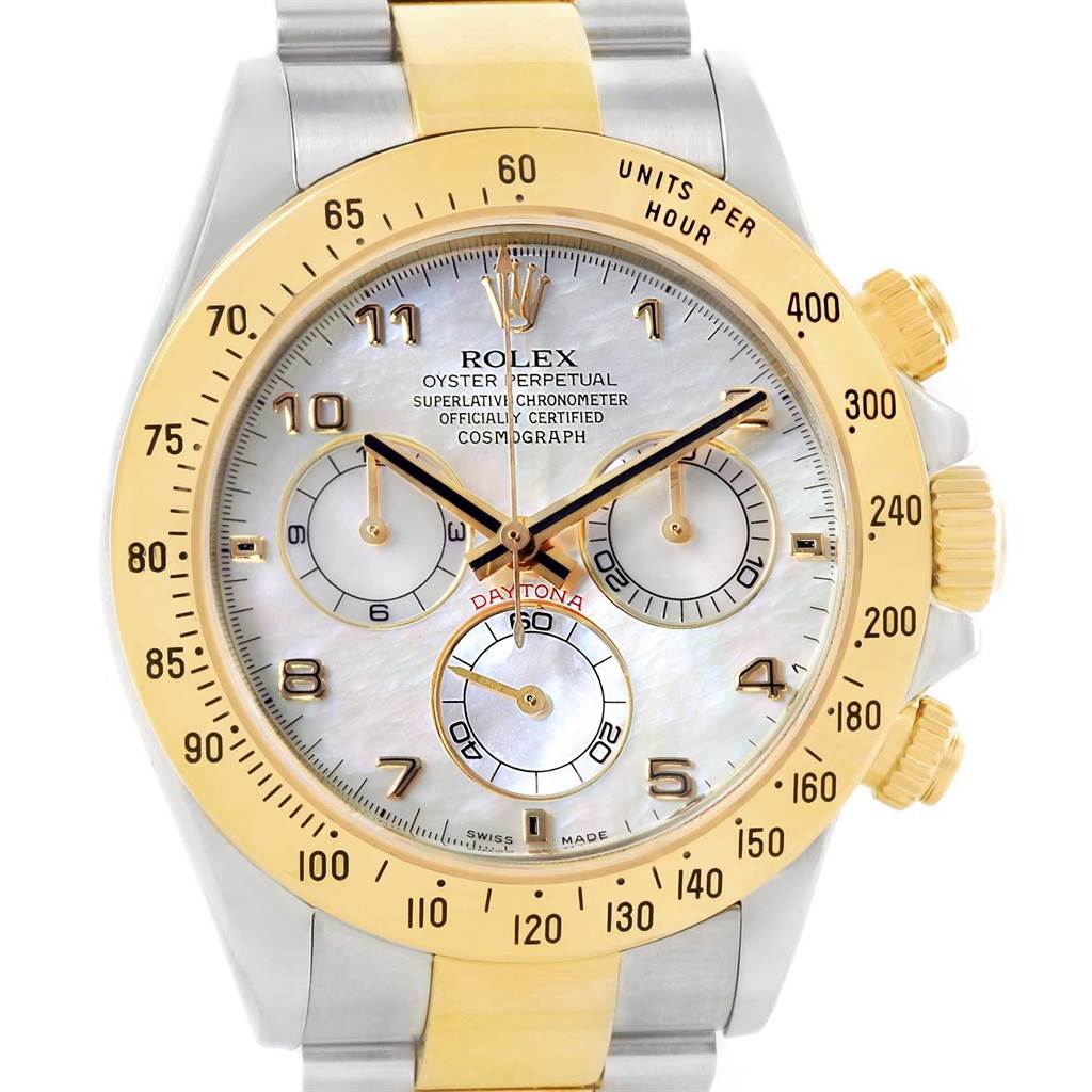 The image shows the face of a Rolex Daytona 116523 Men's Steel and Gold (two tone) Mother of Pearl Dial 116523 Men's Steel and Gold (two tone) Mother of Pearl Dial watch with a gold and silver bezel and chronograph dials, taken from a front view angle.