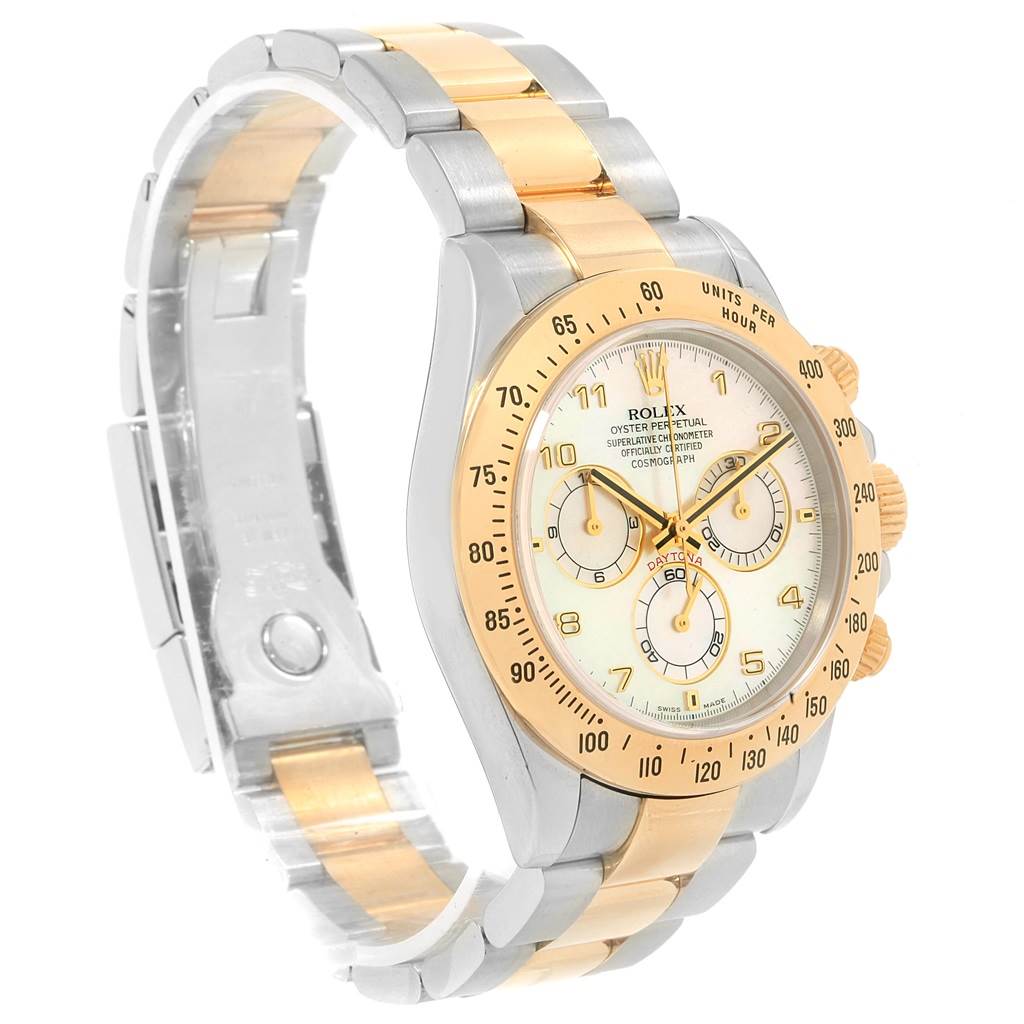 The image shows a Rolex Daytona 116523 Men's Steel and Gold (two tone) Mother of Pearl Dial 116523 Men's Steel and Gold (two tone) Mother of Pearl Dial watch at a three-quarter angle, highlighting its metal bracelet and chronograph features.