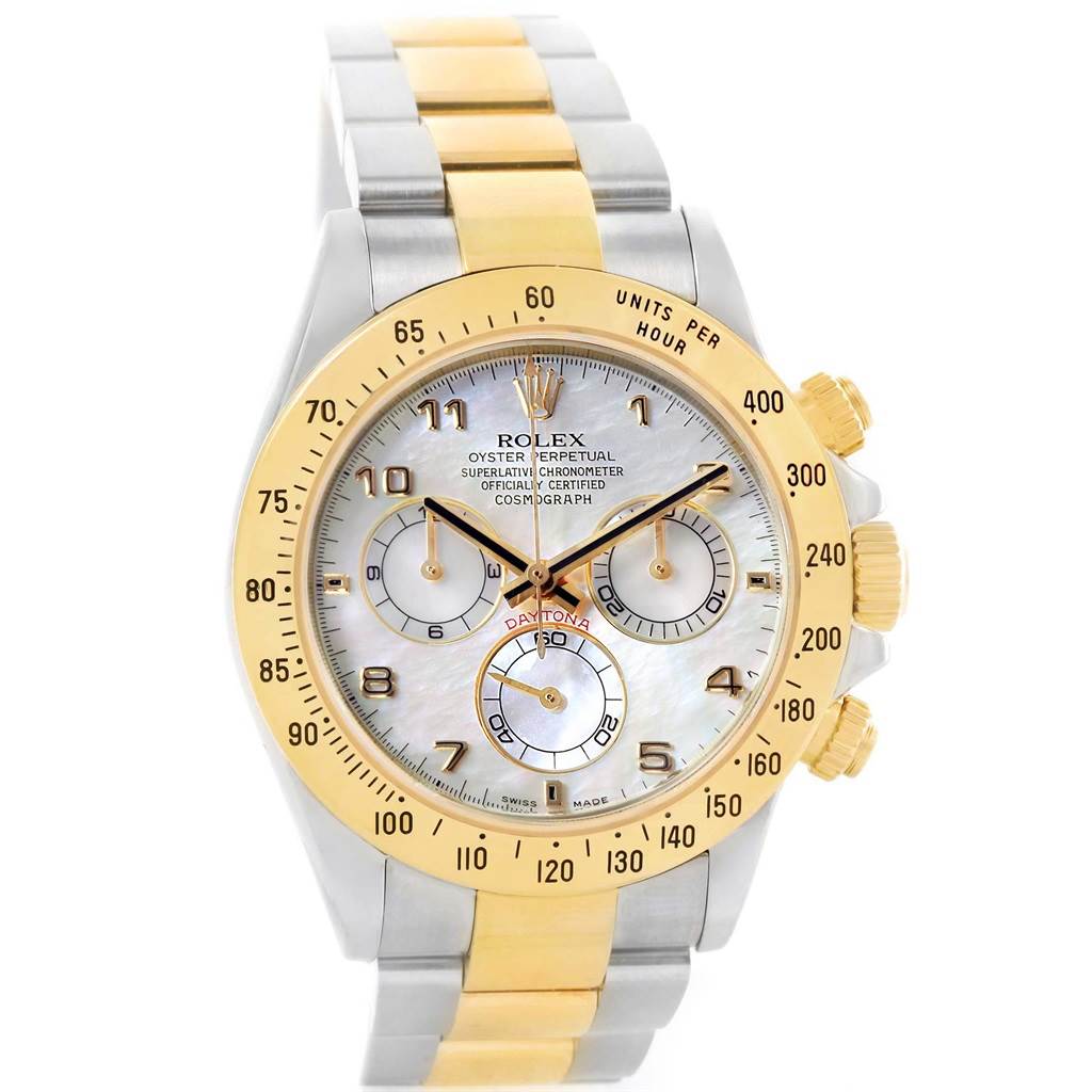 The image shows a front view of a Rolex Daytona 116523 Men's Steel and Gold (two tone) Mother of Pearl Dial 116523 Men's Steel and Gold (two tone) Mother of Pearl Dial watch, featuring a gold and silver band and chronograph dials.