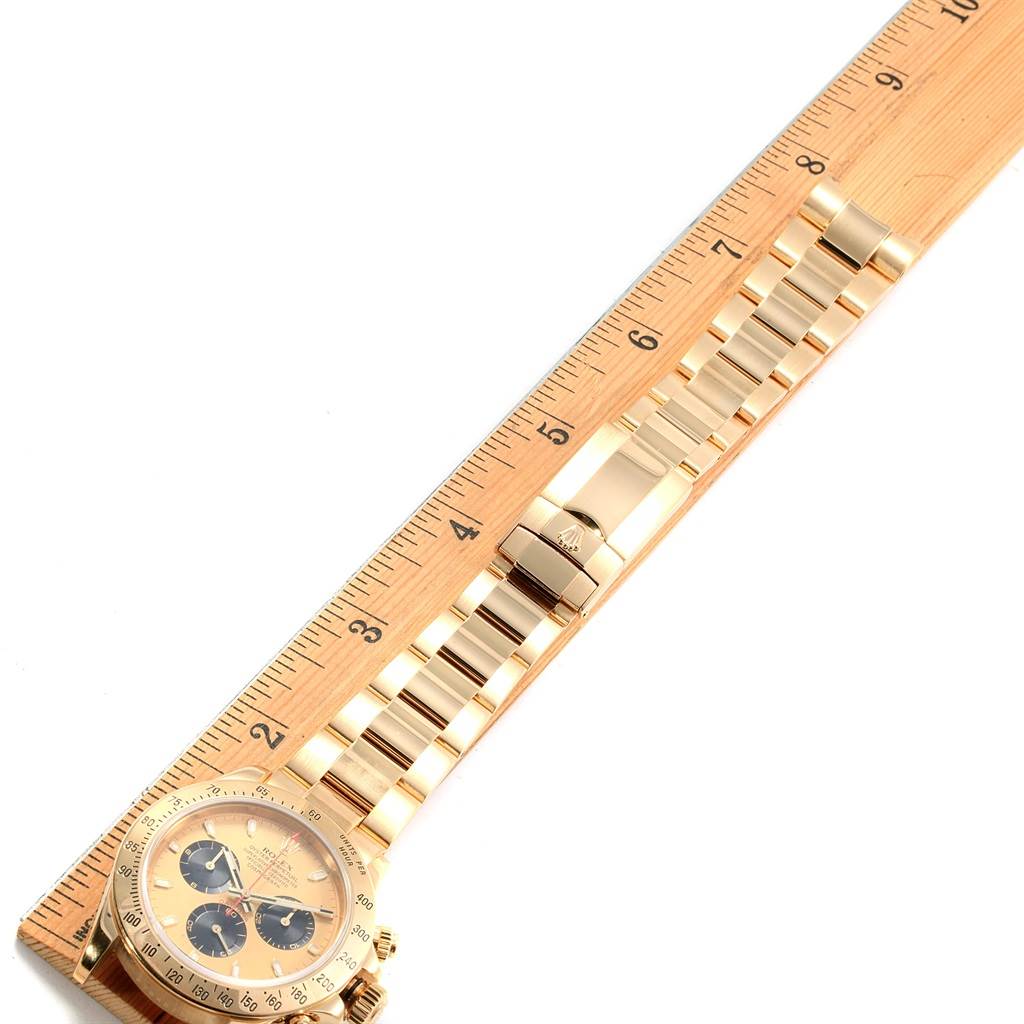 The image shows a Rolex Daytona 116528 Men's Yellow Gold Champagne Dial 116528 Men's Yellow Gold Champagne Dial watch with the face and band laid next to a ruler for measurement.