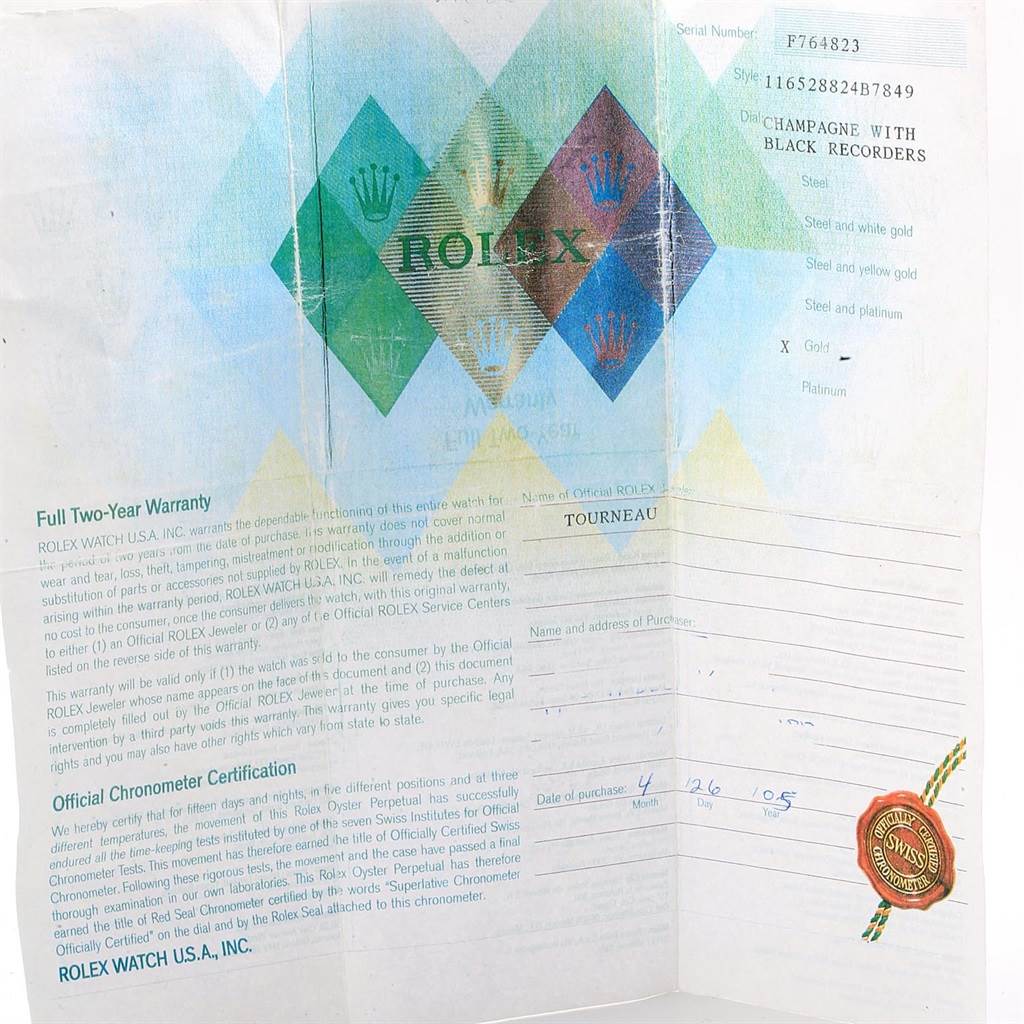 The image shows the warranty and certification papers for a Rolex Daytona 116528 Men's Yellow Gold Champagne Dial 116528 Men's Yellow Gold Champagne Dial watch, including purchase information and dealer details.
