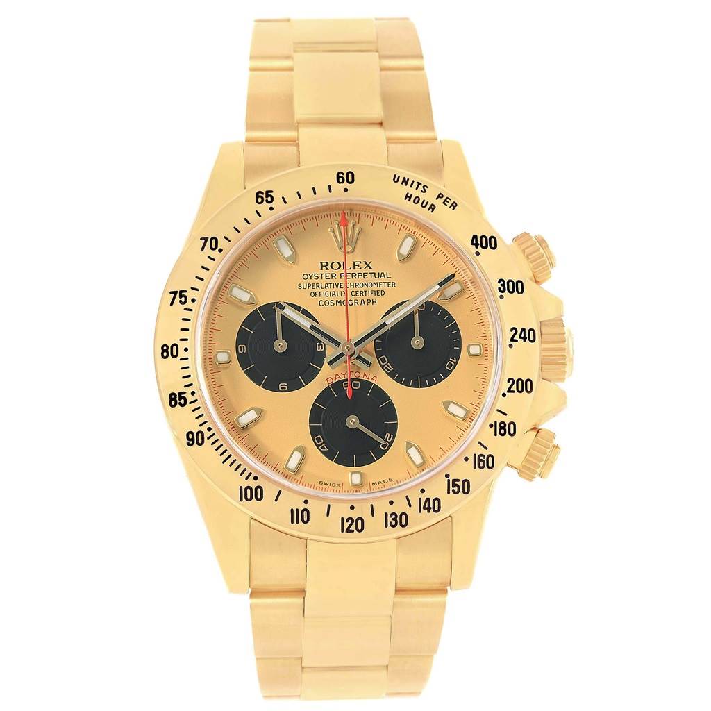 The image shows a front view of a Rolex Daytona 116528 Men's Yellow Gold Champagne Dial 116528 Men's Yellow Gold Champagne Dial watch, highlighting its face, bezel, and bracelet.