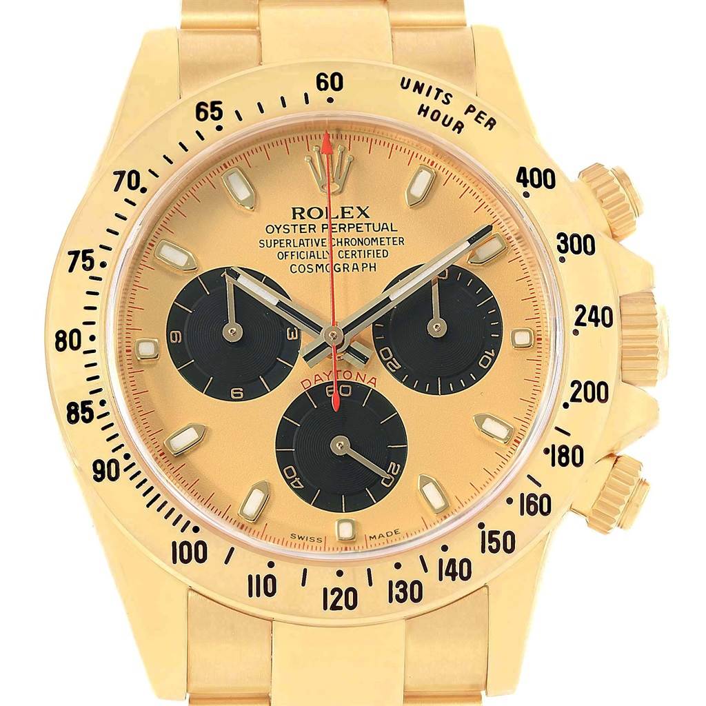 This is a front view of the Rolex Daytona 116528 Men's Yellow Gold Champagne Dial 116528 Men's Yellow Gold Champagne Dial watch showing the dial, hands, subdials, and bezel.