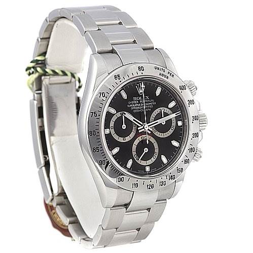 This image shows a Rolex Daytona 116520 Men's Stainless Steel Black Dial 116520 Men's Stainless Steel Black Dial watch from an angled side view, displaying its black dial, bezel, and metal band.