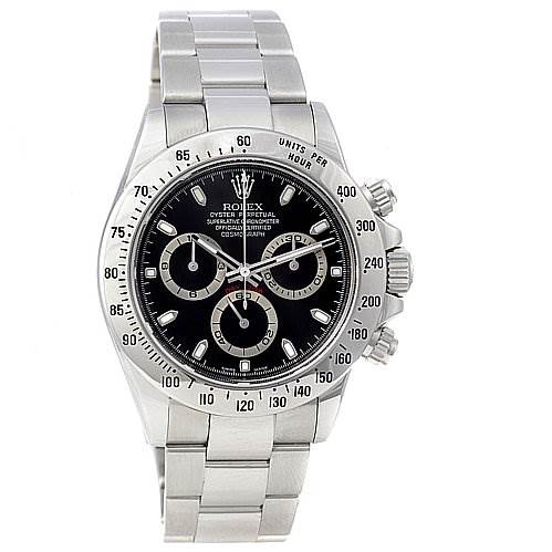 The image shows a Rolex Daytona 116520 Men's Stainless Steel Black Dial 116520 Men's Stainless Steel Black Dial watch from a front angle, displaying its face, bezel, crown, and stainless steel bracelet.