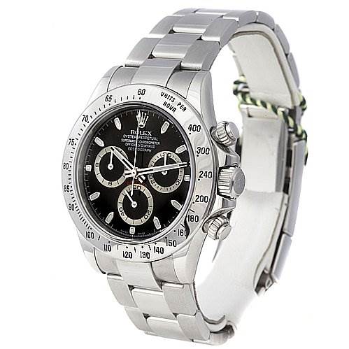 The image shows a Rolex Daytona 116520 Men's Stainless Steel Black Dial 116520 Men's Stainless Steel Black Dial watch at a side angle, featuring its bezel, crown, chronograph pushers, and stainless steel bracelet.