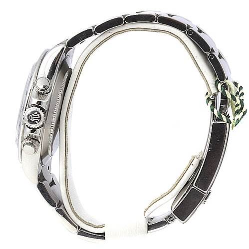 The image shows a side view of a Rolex Daytona 116520 Men's Stainless Steel Black Dial 116520 Men's Stainless Steel Black Dial watch, highlighting the crown, pushers, and part of the bracelet.