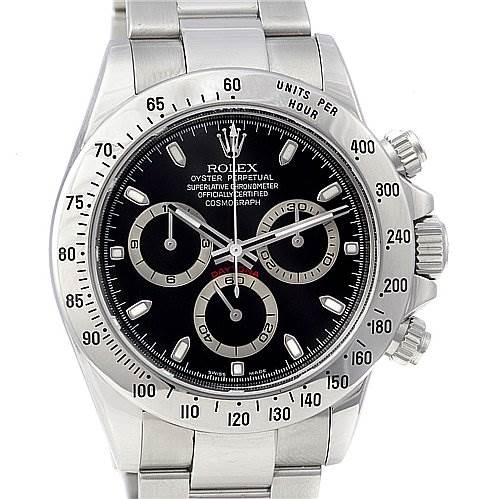 This image shows a Rolex Daytona 116520 Men's Stainless Steel Black Dial 116520 Men's Stainless Steel Black Dial watch from a front angle, highlighting the dial, bezel, pushers, and part of the bracelet.