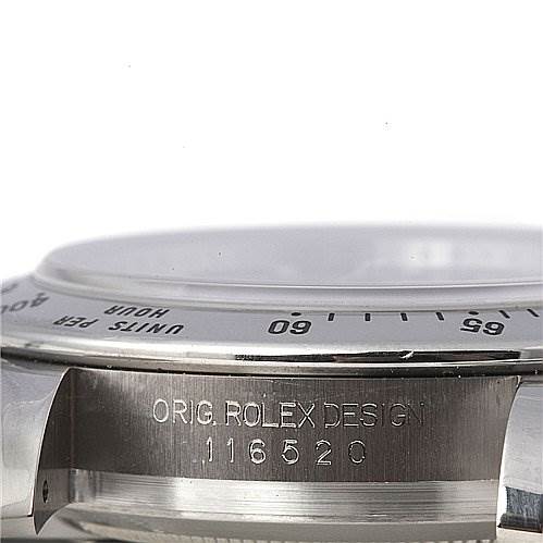 The image shows the side angle of a Rolex Daytona 116520 Men's Stainless Steel Black Dial 116520 Men's Stainless Steel Black Dial watch, focusing on the bezel and the engraved model number "116520."