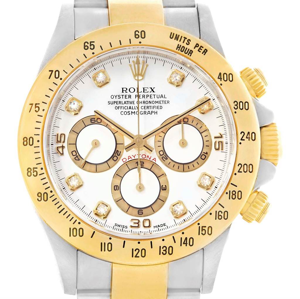 This image shows the front view of a Rolex Daytona 16523 Men's Steel and Gold (two tone) White Dial 16523 Men's Steel and Gold (two tone) White Dial watch, highlighting the dial, bezel, and chronograph subdials.