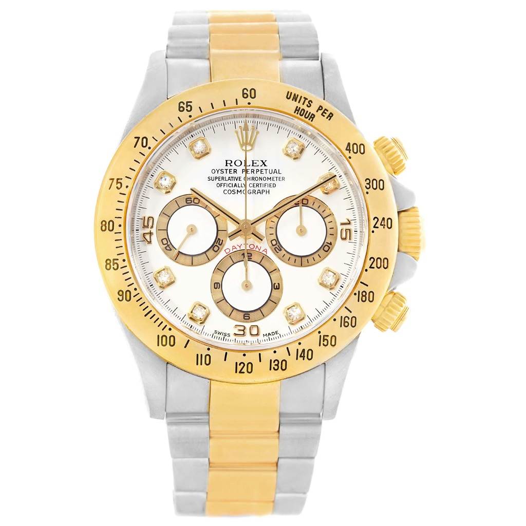 This image shows a frontal view of the Rolex Daytona 16523 Men's Steel and Gold (two tone) White Dial 16523 Men's Steel and Gold (two tone) White Dial watch, featuring a two-tone metal bracelet, chronograph subdials, and a tachymeter bezel.