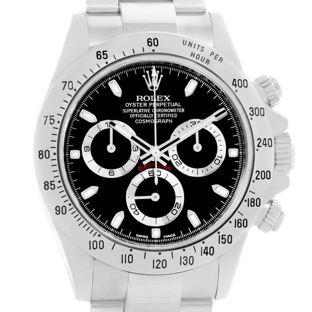 This image shows the front view of a Rolex Daytona 116520 Men's Stainless Steel Black Dial 116520 Men's Stainless Steel Black Dial watch, highlighting the dial, subdials, and bezel.