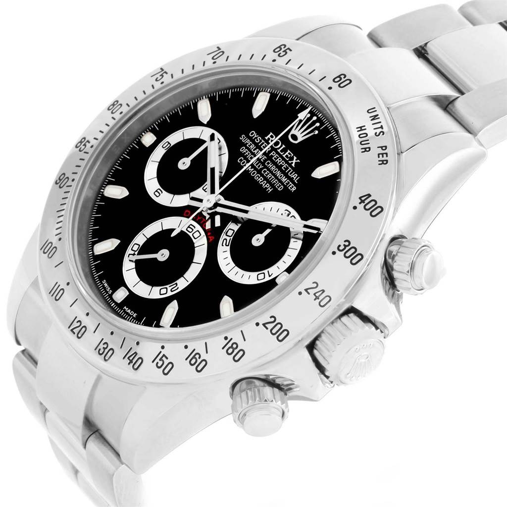 The Rolex Daytona 116520 Men's Stainless Steel Black Dial 116520 Men's Stainless Steel Black Dial watch is shown at a slight angle, displaying the face, bezel, and part of the bracelet.