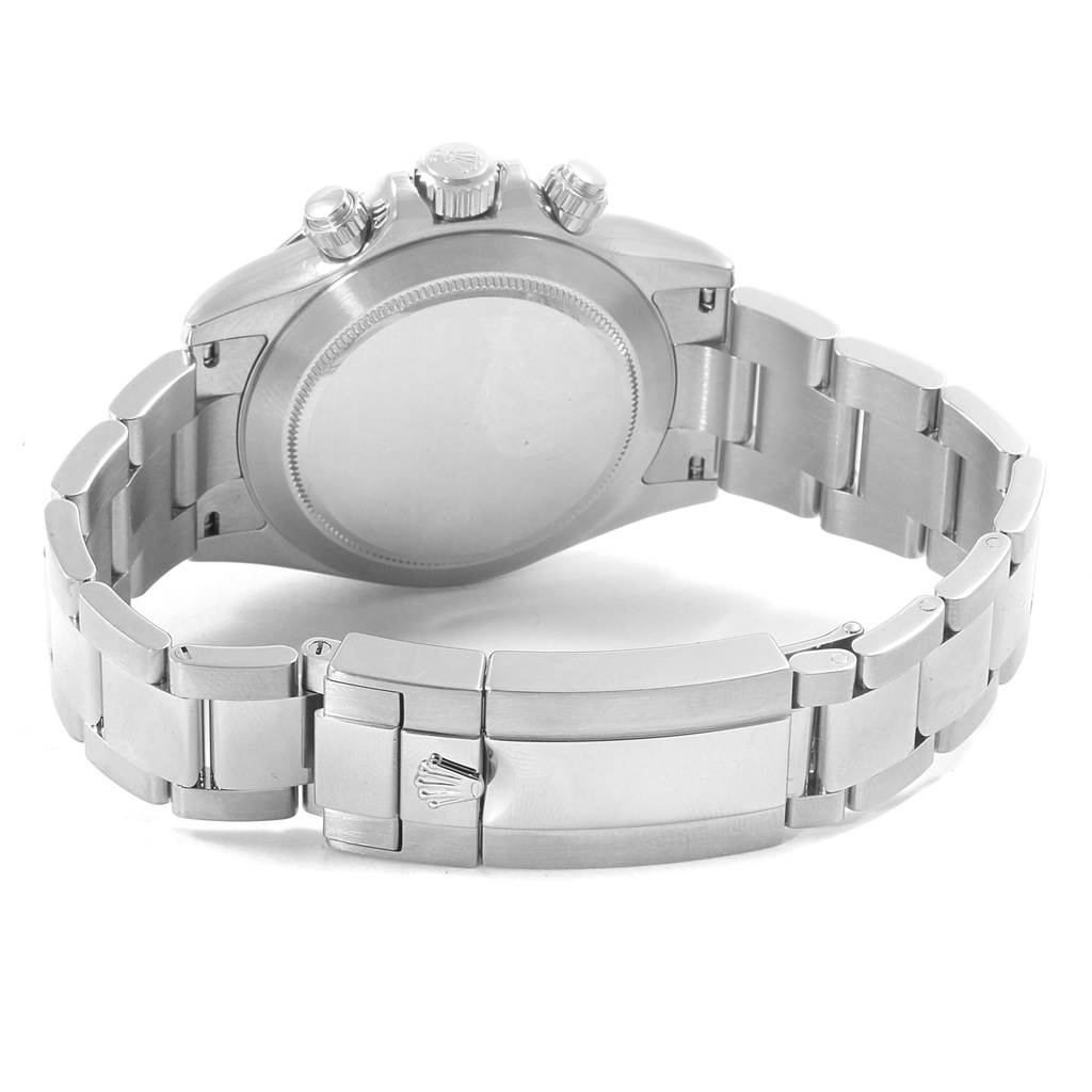 The image shows the back of the Rolex Daytona 116520 Men's Stainless Steel Black Dial 116520 Men's Stainless Steel Black Dial watch, highlighting its clasp, bracelet, and case back.