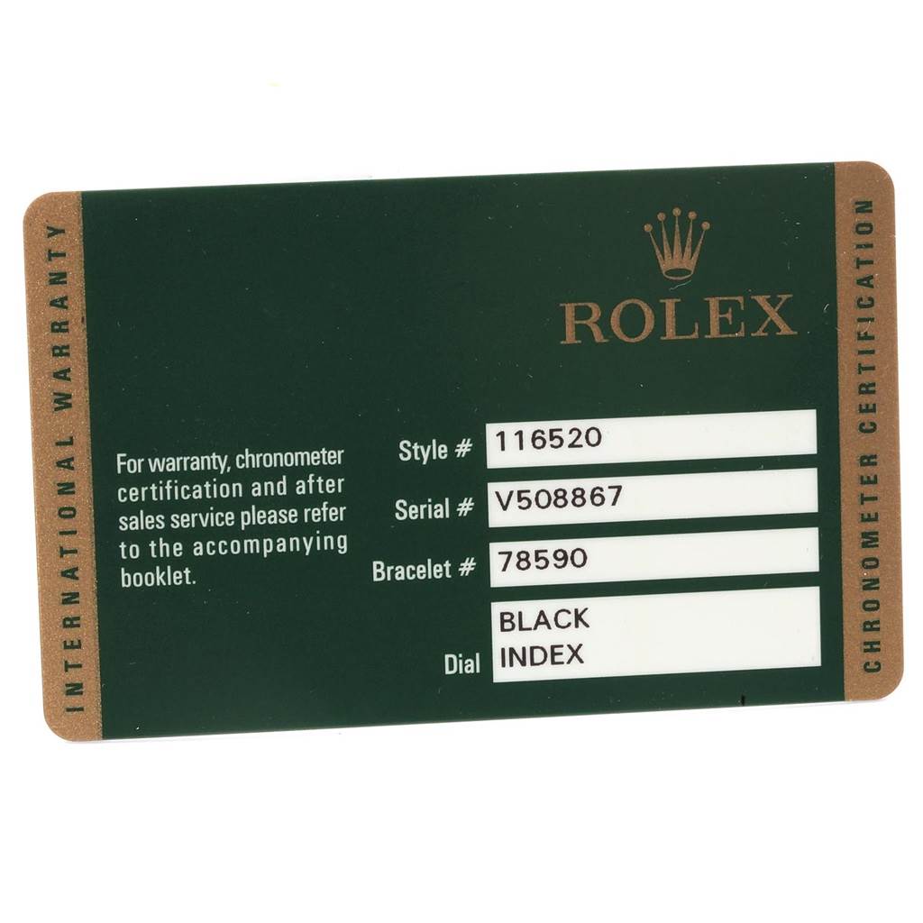 The image shows a Rolex Daytona 116520 Men's Stainless Steel Black Dial 116520 Men's Stainless Steel Black Dial warranty card displaying the style, serial, and bracelet numbers.