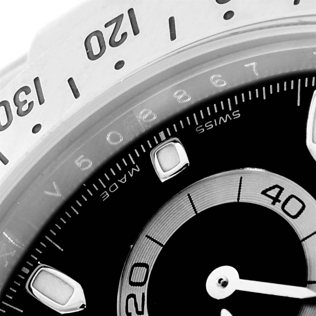 This image shows a close-up of the dial and bezel of a Rolex Daytona 116520 Men's Stainless Steel Black Dial 116520 Men's Stainless Steel Black Dial watch, focusing on the 120-140 markers and part of the chronograph.