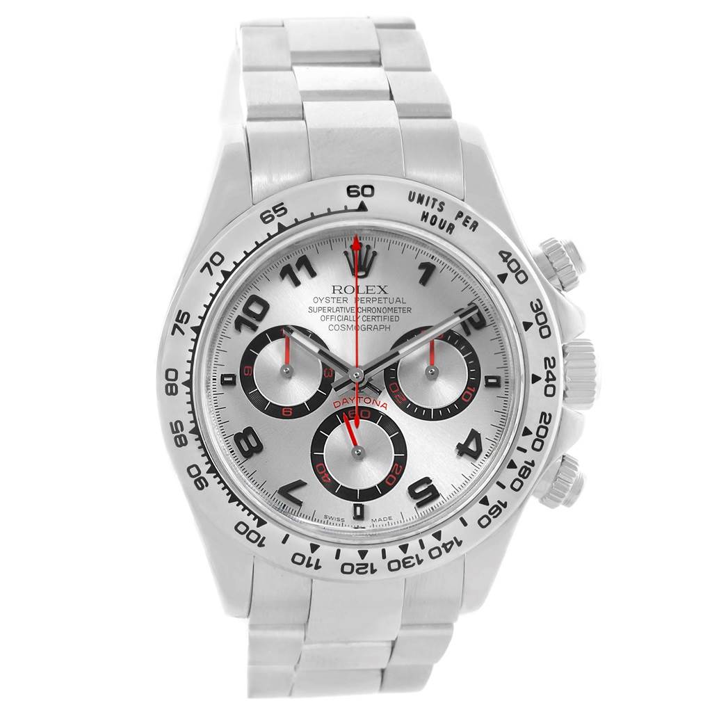 The image shows a front view of a Rolex Daytona 116509 Men's White Gold Silver Dial 116509 Men's White Gold Silver Dial watch, featuring its silver dial, subdials, and stainless steel band.