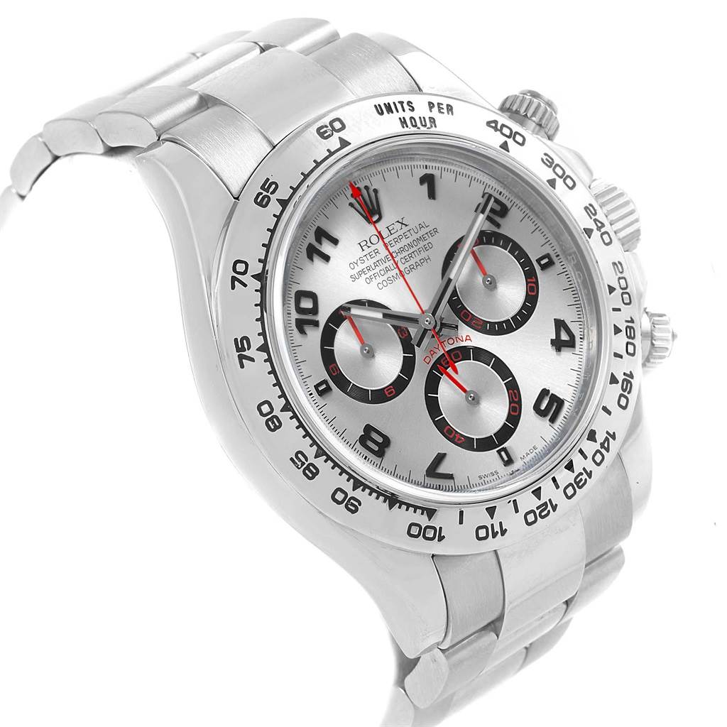 This image shows a side angle of the Rolex Daytona 116509 Men's White Gold Silver Dial 116509 Men's White Gold Silver Dial watch, highlighting the face, bezel, and part of the bracelet.