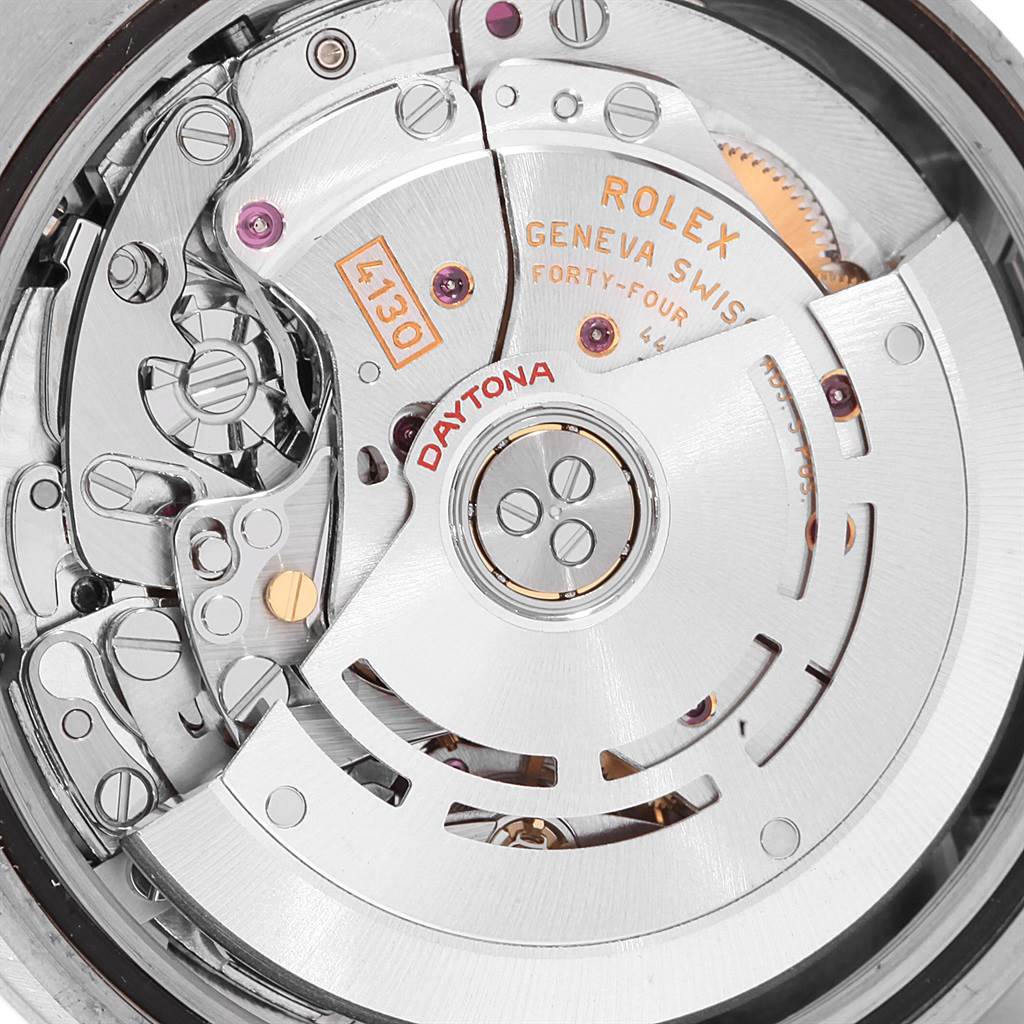 This image shows the detailed view of the movement mechanism of a Rolex Daytona 116509 Men's White Gold Silver Dial 116509 Men's White Gold Silver Dial watch, highlighting its intricate components.