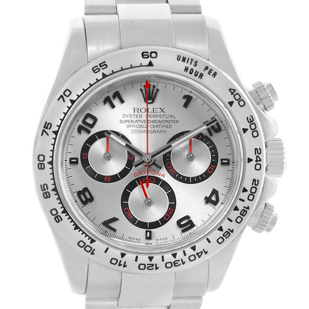 The image shows a frontal view of a Rolex Daytona 116509 Men's White Gold Silver Dial 116509 Men's White Gold Silver Dial watch, highlighting its dial, bezel, and chronograph sub-dials.