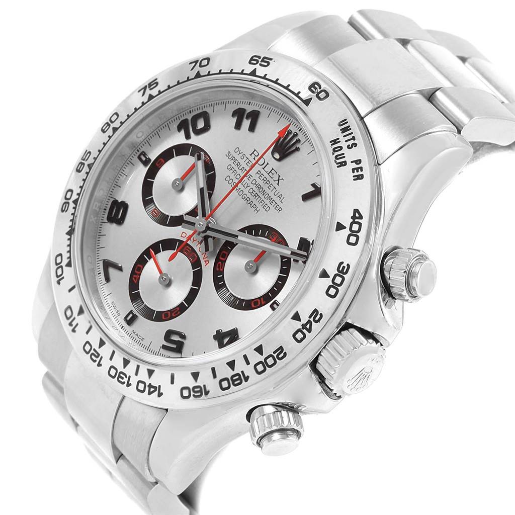 The image shows a close-up angled view of the Rolex Daytona 116509 Men's White Gold Silver Dial 116509 Men's White Gold Silver Dial watch, focusing on the dial, bezel, and part of the bracelet.