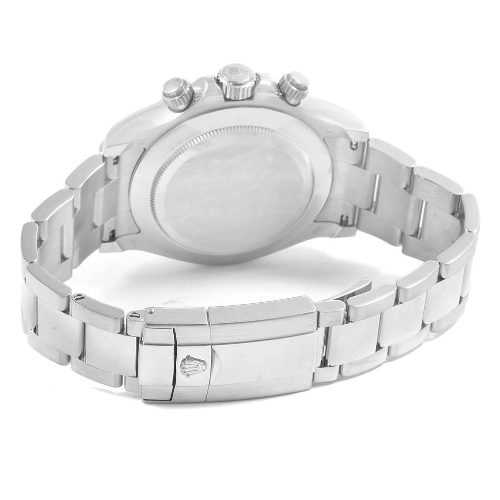 The image shows the back case, crown, and bracelet of a Rolex Daytona 116509 Men's White Gold Silver Dial 116509 Men's White Gold Silver Dial watch from a rear angle.