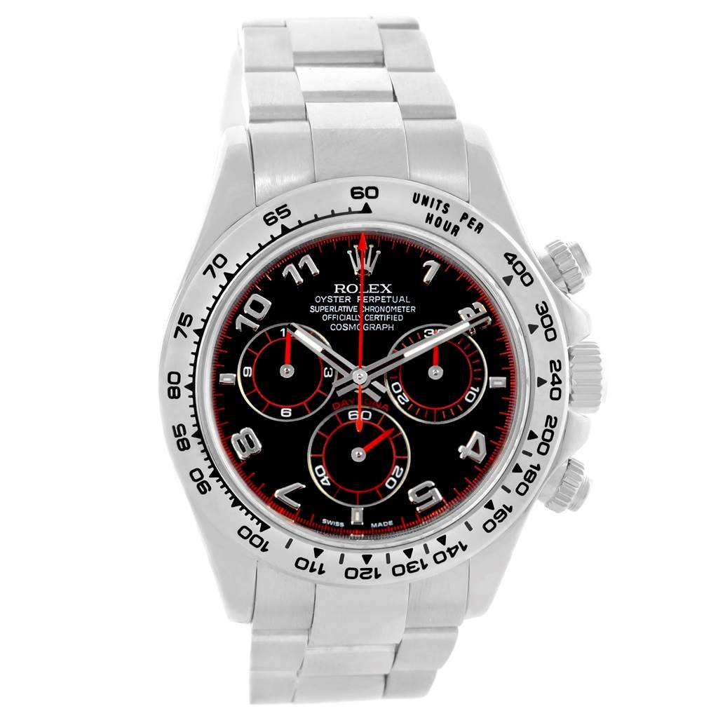 The image shows a front view of a Rolex Daytona 116509 Men's White Gold Black Dial 116509 Men's White Gold Black Dial watch, displaying its dial, bezel, and bracelet.