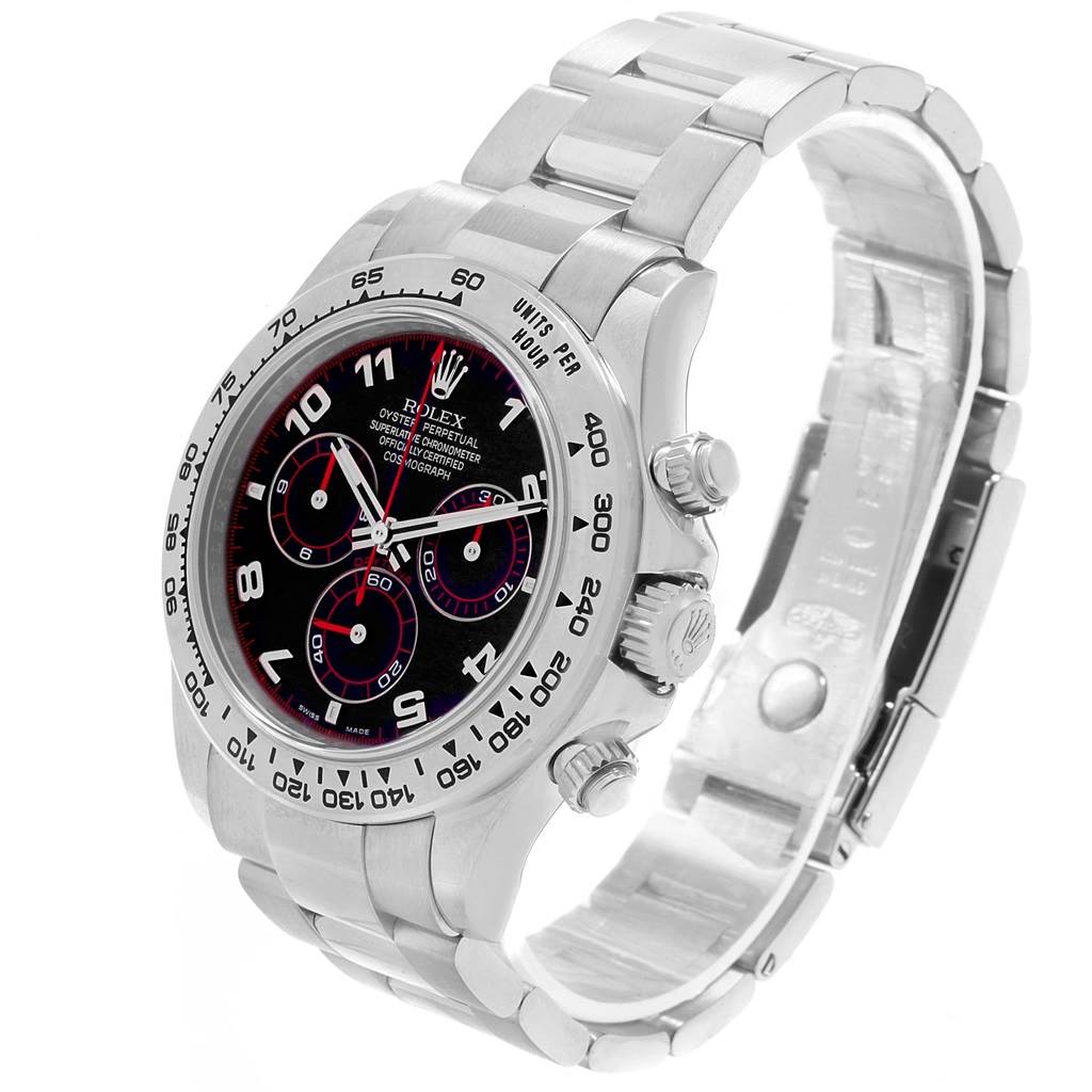 The image shows a side view of the Rolex Daytona 116509 Men's White Gold Black Dial 116509 Men's White Gold Black Dial watch, highlighting the face, case, and bracelet.