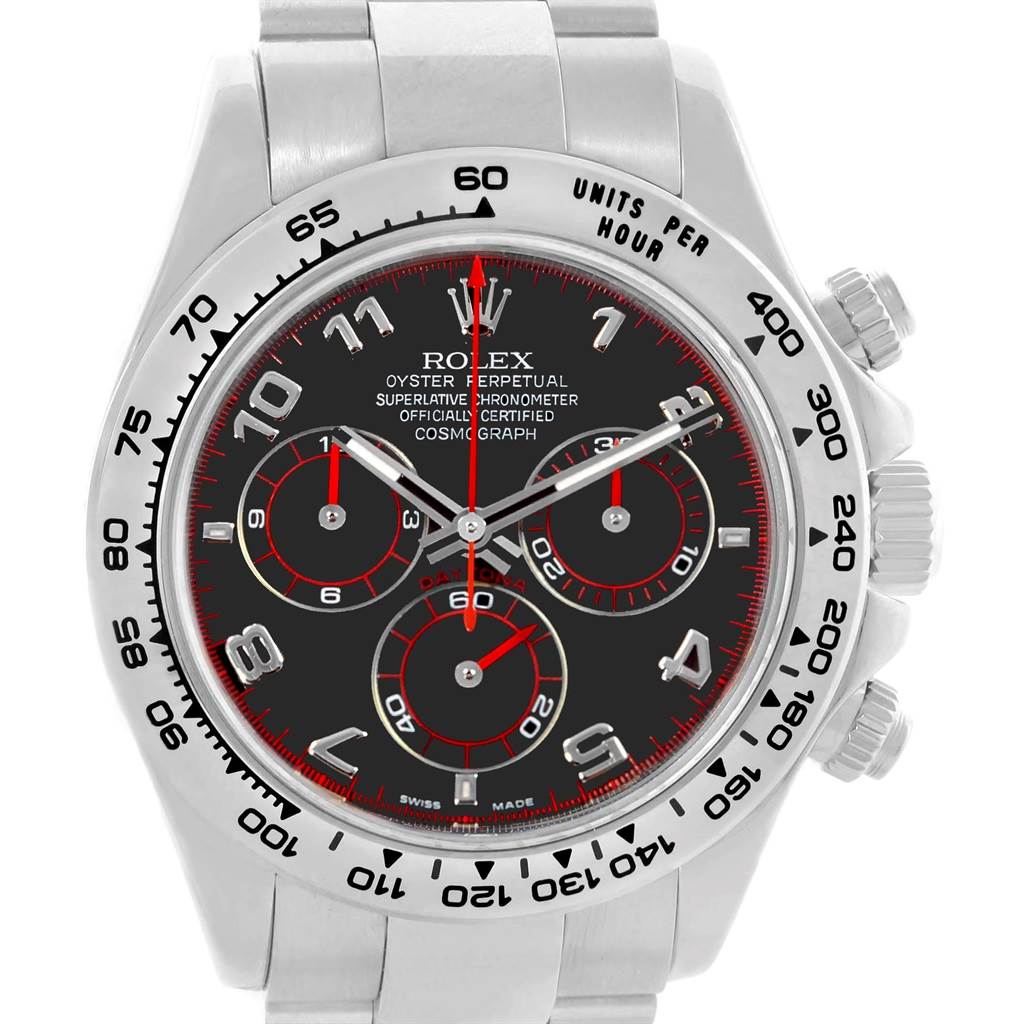 The image shows a front view of the Rolex Daytona 116509 Men's White Gold Black Dial 116509 Men's White Gold Black Dial watch, displaying its dial, bezel, and pushers.