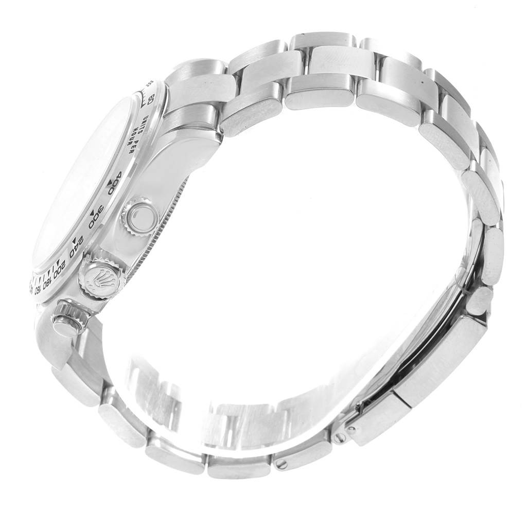 The image shows a side view of a Rolex Daytona 116509 Men's White Gold Black Dial 116509 Men's White Gold Black Dial watch, highlighting the bracelet and case with the crown and chronograph pushers.