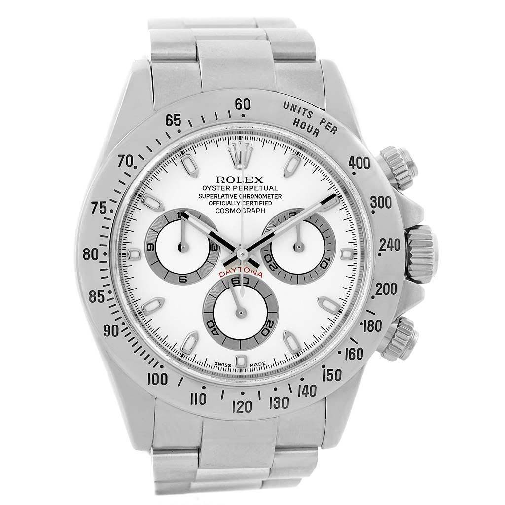 The image shows a frontal view of a Rolex Daytona 116520 Men's Stainless Steel White Dial 116520 Men's Stainless Steel White Dial watch, displaying its dial, bezel, and bracelet.