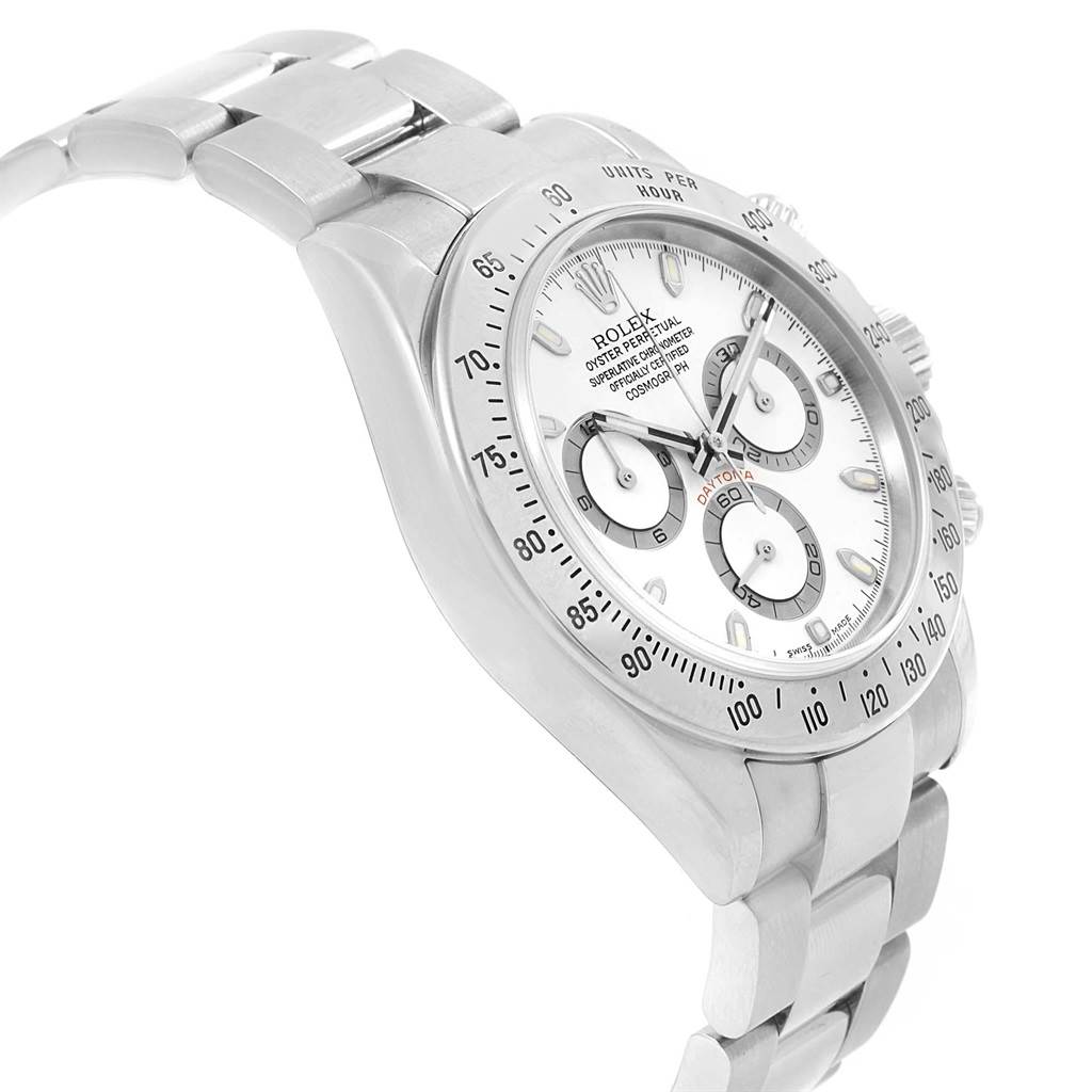 The Rolex Daytona 116520 Men's Stainless Steel White Dial 116520 Men's Stainless Steel White Dial watch is shown at a three-quarter angle, displaying the bracelet, bezel, crown, and face with subdials.