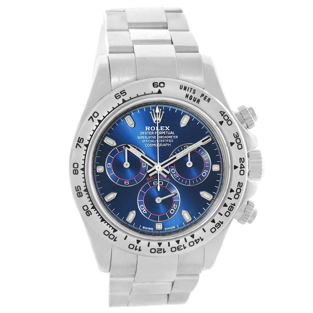 The Rolex Daytona 116509 Men's White Gold Blue Dial 116509 Men's White Gold Blue Dial watch is shown from the front, displaying its face, bezel, and bracelet.