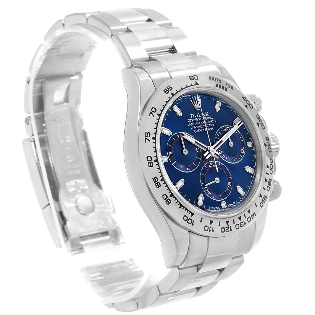 This image shows a Rolex Daytona 116509 Men's White Gold Blue Dial 116509 Men's White Gold Blue Dial watch at an angle highlighting the face, bezel, crown, and bracelet.