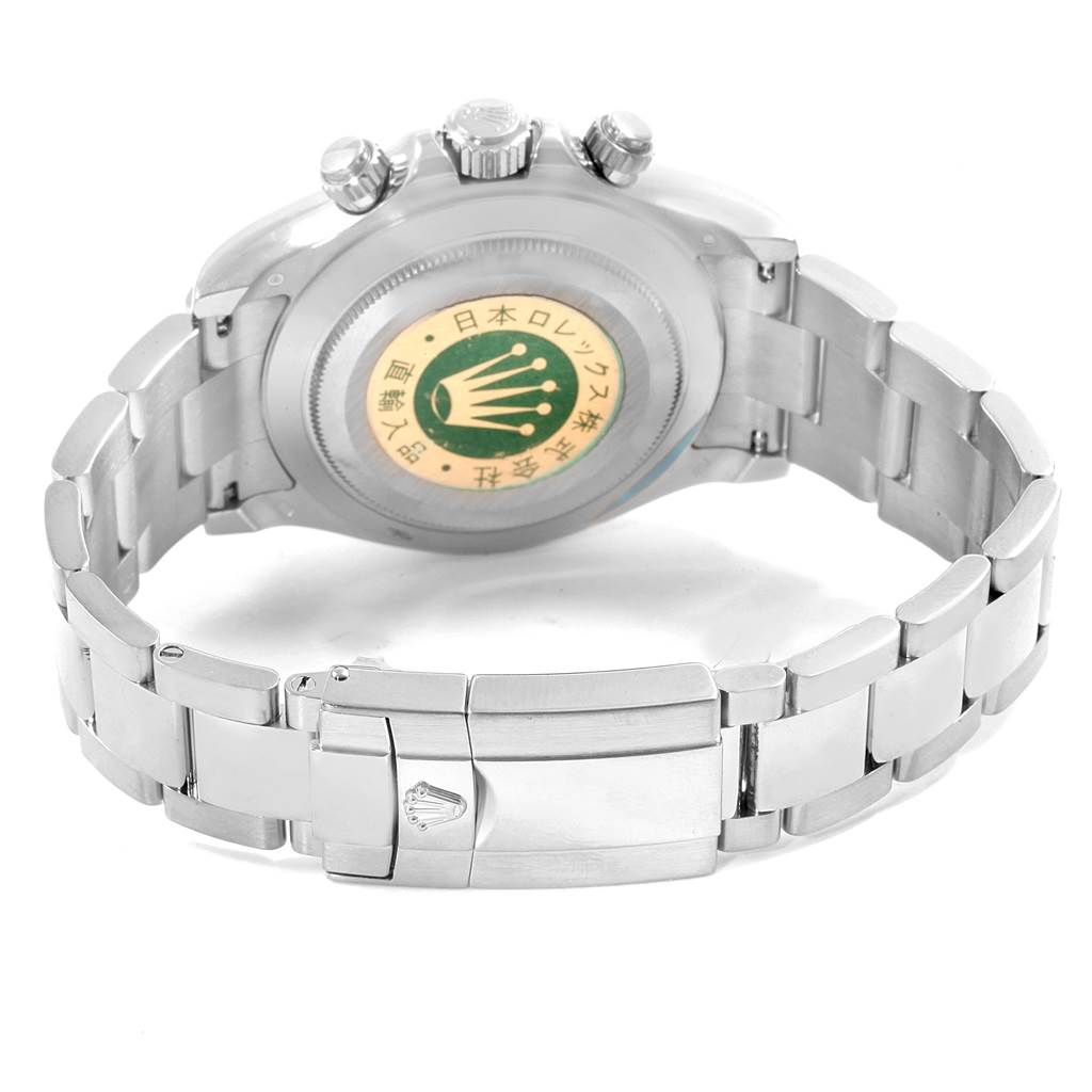 This image shows the back and bracelet, including the clasp, of a Rolex Daytona 116509 Men's White Gold Blue Dial 116509 Men's White Gold Blue Dial model watch.