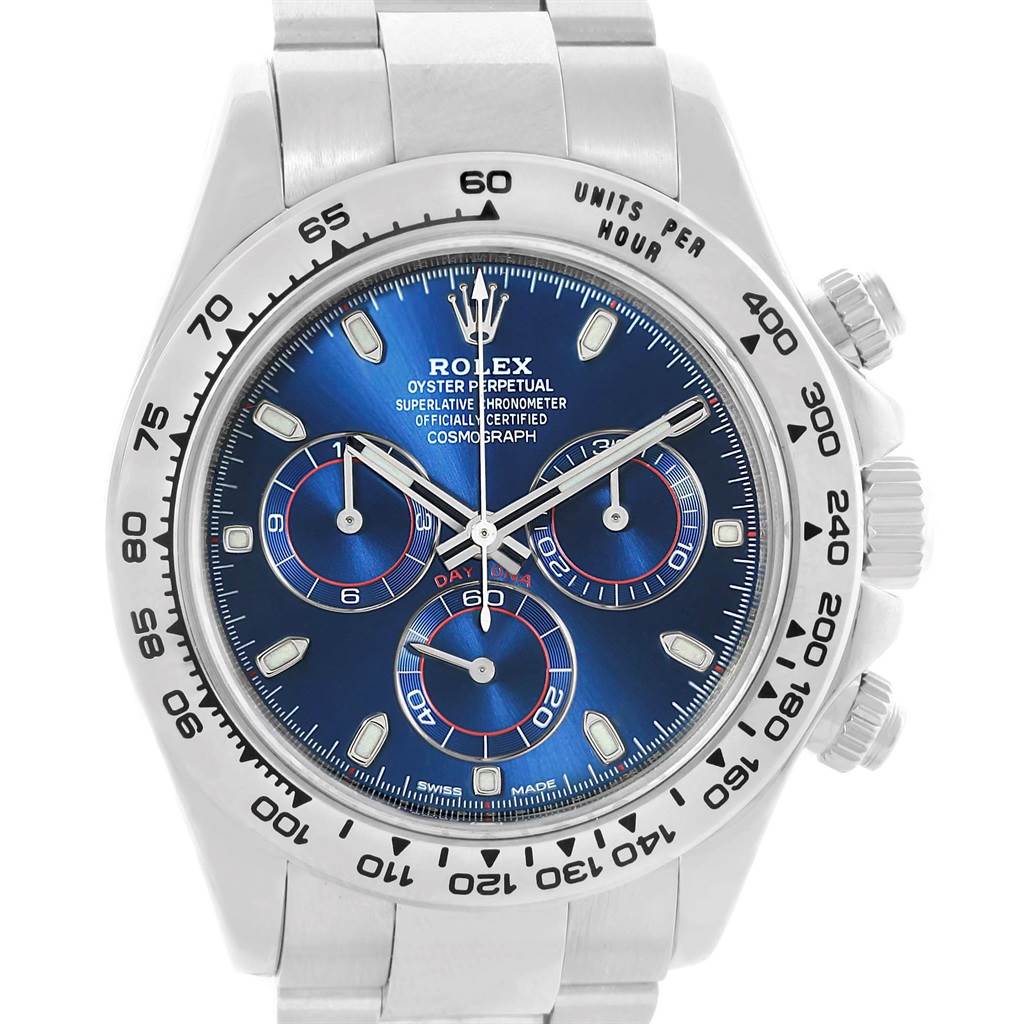 This image shows a Rolex Daytona 116509 Men's White Gold Blue Dial 116509 Men's White Gold Blue Dial watch from a front angle featuring its dial, bezel, tachymeter, and pushers.