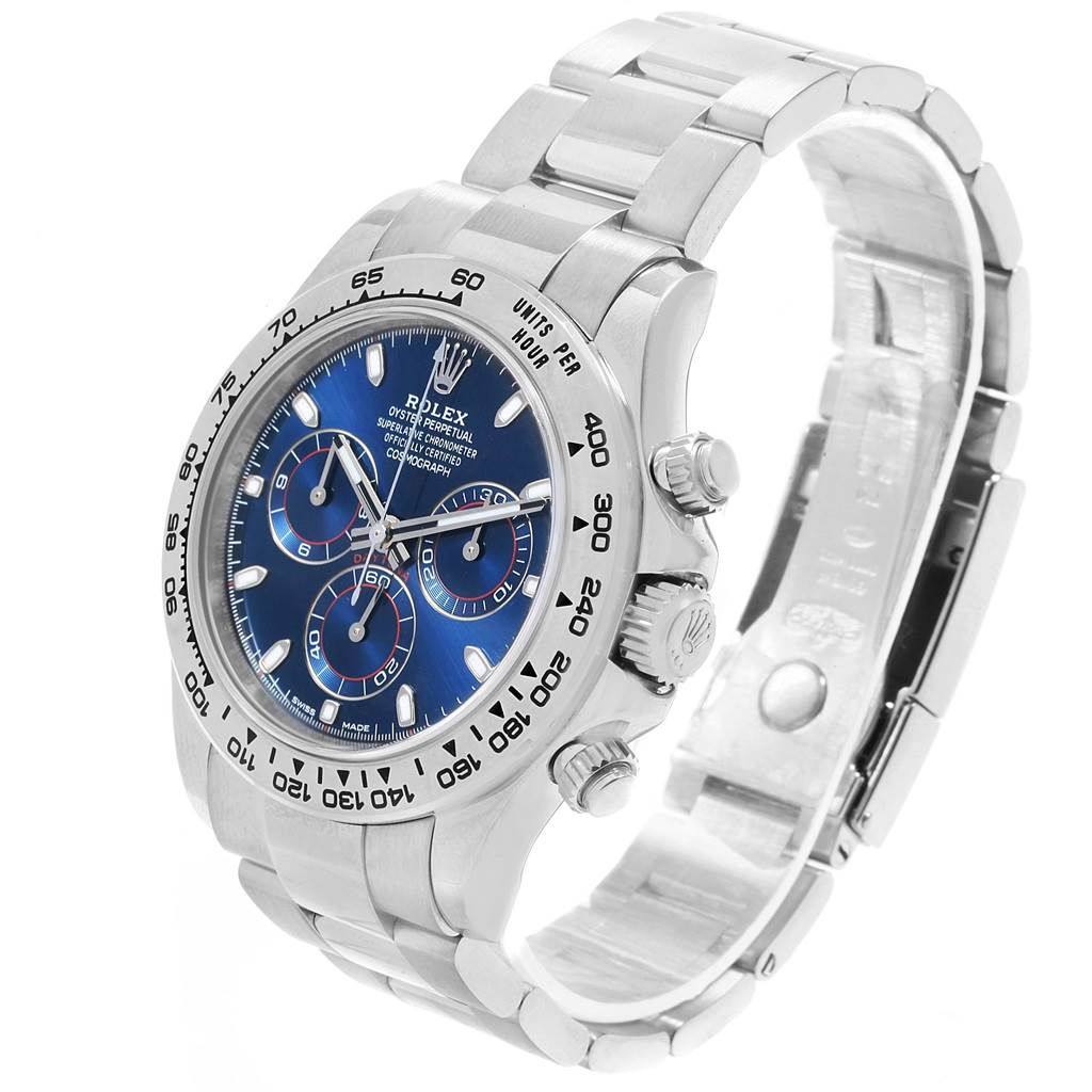 The image shows a Rolex Daytona 116509 Men's White Gold Blue Dial 116509 Men's White Gold Blue Dial watch angled to display its bracelet, bezel, crown, and chronograph sub-dials.