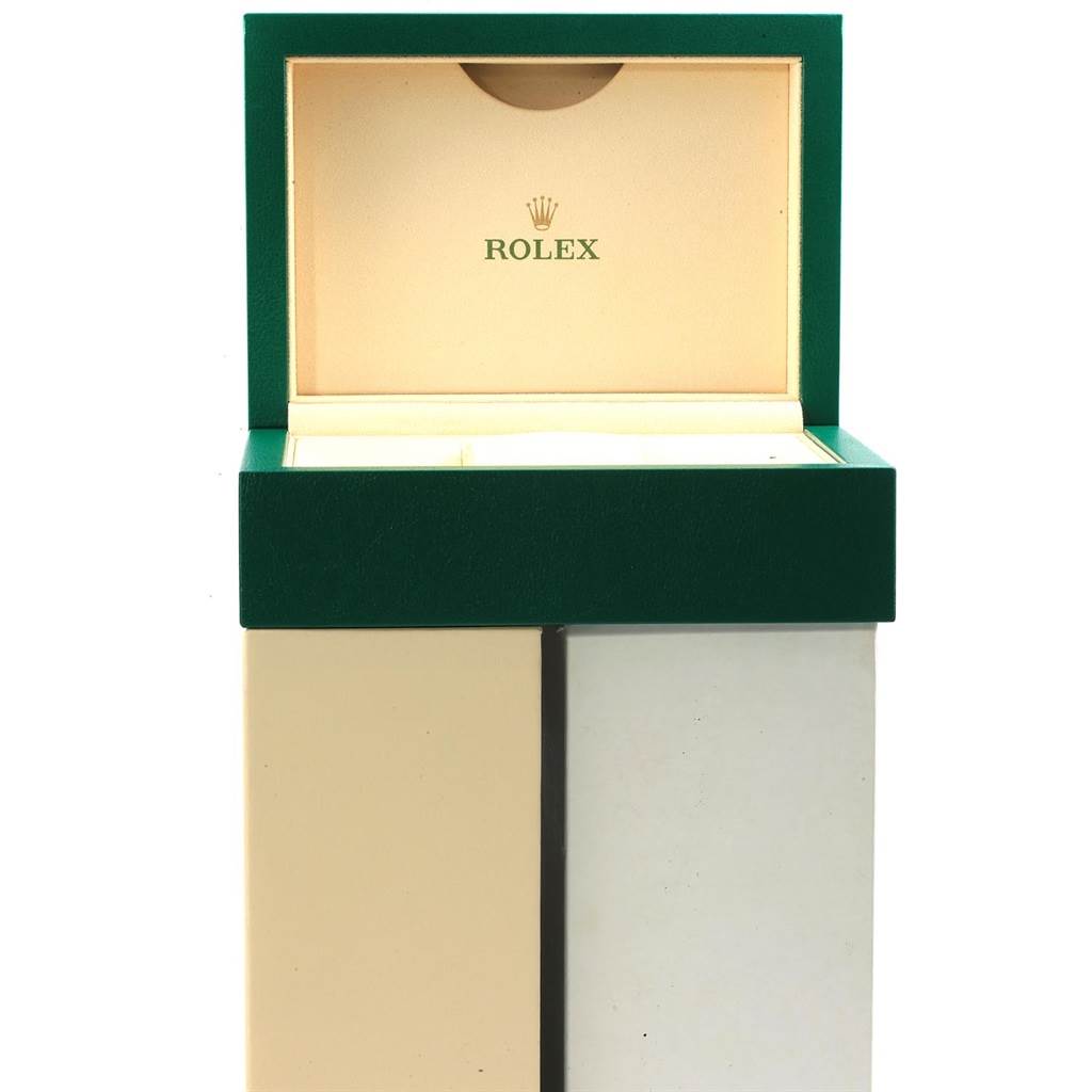 The image shows an open green and beige box for a Rolex Daytona 116523 Men's Steel and Gold (two tone) Grey Dial 116523 Men's Steel and Gold (two tone) Grey Dial watch, displaying the Rolex logo inside the lid.