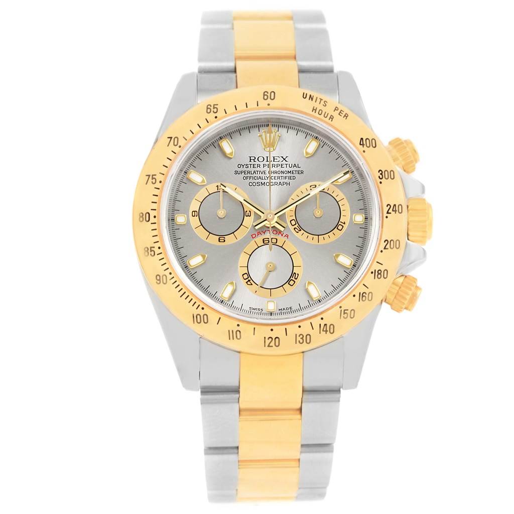 The image shows a front view of a Rolex Daytona 116523 Men's Steel and Gold (two tone) Grey Dial 116523 Men's Steel and Gold (two tone) Grey Dial watch, featuring a two-tone gold and silver bracelet, and a silver dial with gold accents.
