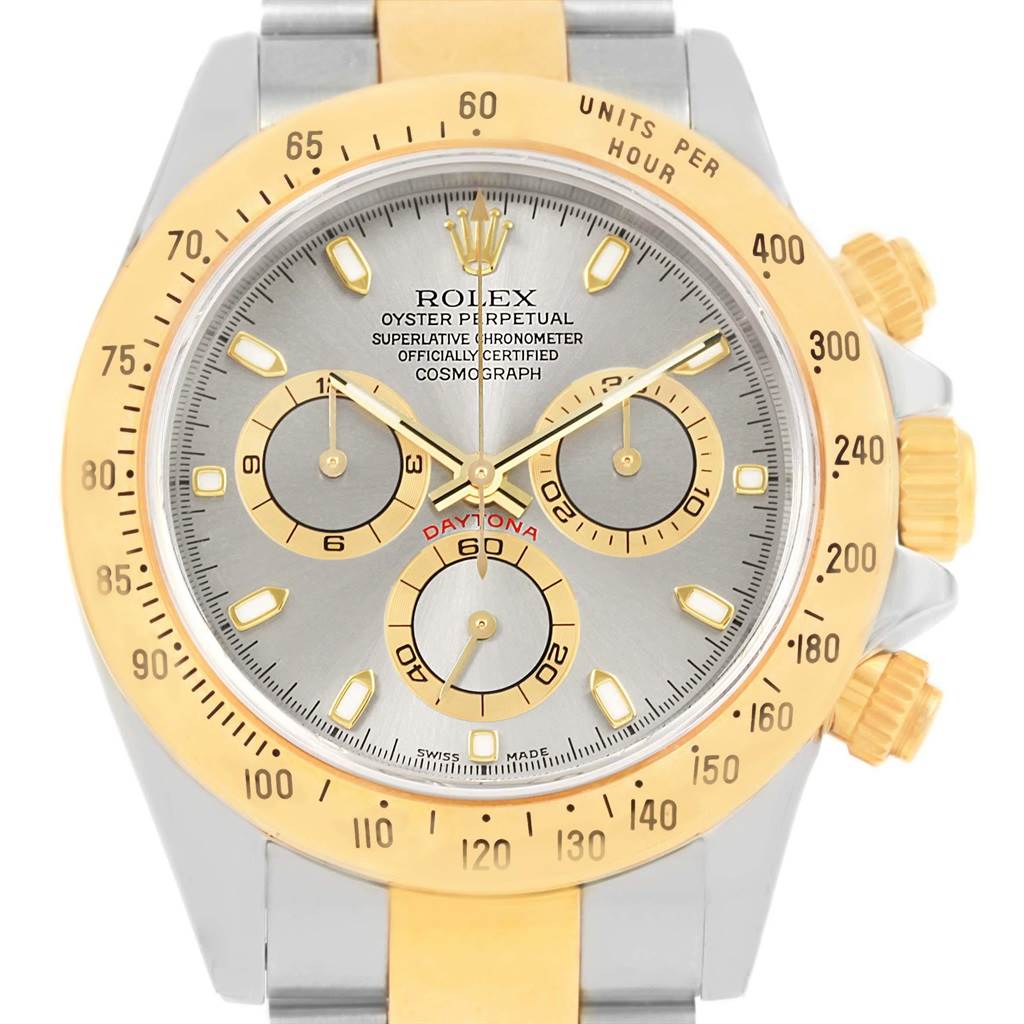 This image shows a front view of the Rolex Daytona 116523 Men's Steel and Gold (two tone) Grey Dial 116523 Men's Steel and Gold (two tone) Grey Dial watch, highlighting its dial, bezel, and chronograph features.