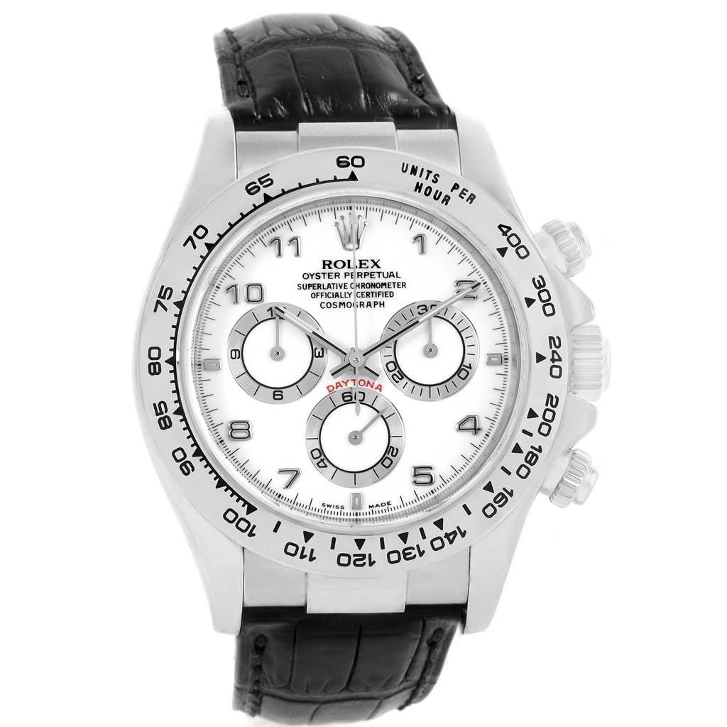 The image shows a front view of a Rolex Daytona 116519 Men's White Gold White Dial 116519 Men's White Gold White Dial watch with its dial, bezel, and leather strap clearly visible.