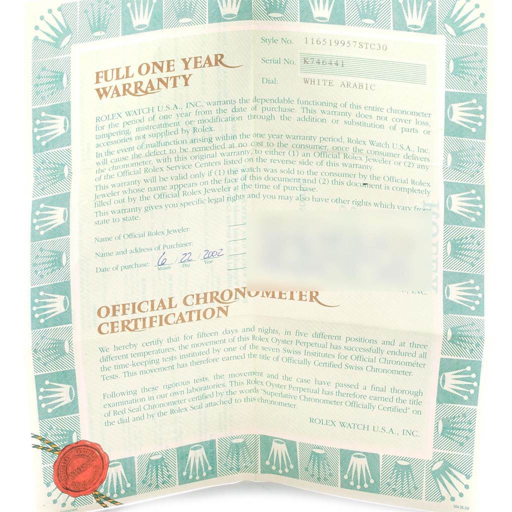 This image shows the official warranty and certification documents for a Rolex Daytona 116519 Men's White Gold White Dial 116519 Men's White Gold White Dial model watch, including a one-year warranty and chronometer certification.