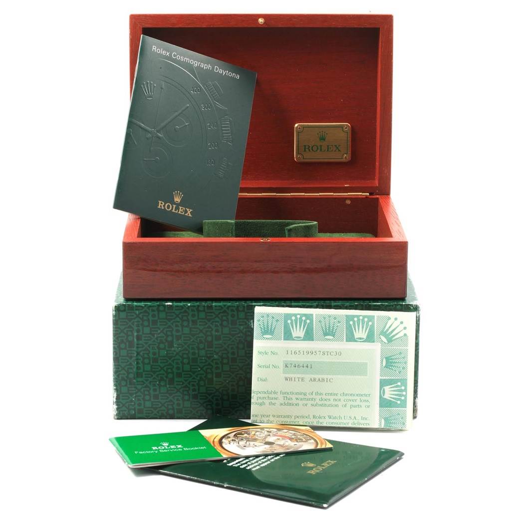 The image shows a Rolex Daytona 116519 Men's White Gold White Dial 116519 Men's White Gold White Dial watch box, instruction manual, warranty card, and packaging.