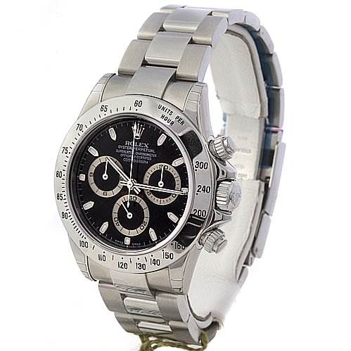 The image shows a Rolex Daytona 116520 Men's Stainless Steel Black Dial 116520 Men's Stainless Steel Black Dial watch from a three-quarter angle, highlighting its face, bezel, and part of the bracelet.