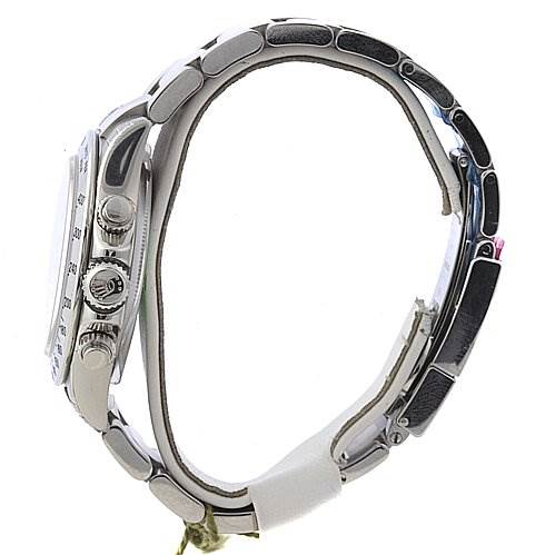 The image shows a side profile of a Rolex Daytona 116520 Men's Stainless Steel Black Dial 116520 Men's Stainless Steel Black Dial watch, highlighting the crown, pushers, and part of the bracelet.