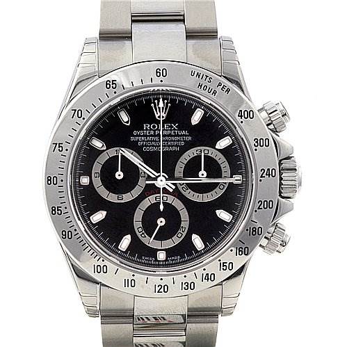 This image shows the front view of a Rolex Daytona 116520 Men's Stainless Steel Black Dial 116520 Men's Stainless Steel Black Dial watch, displaying its dial, bezel, subdials, and bracelet.