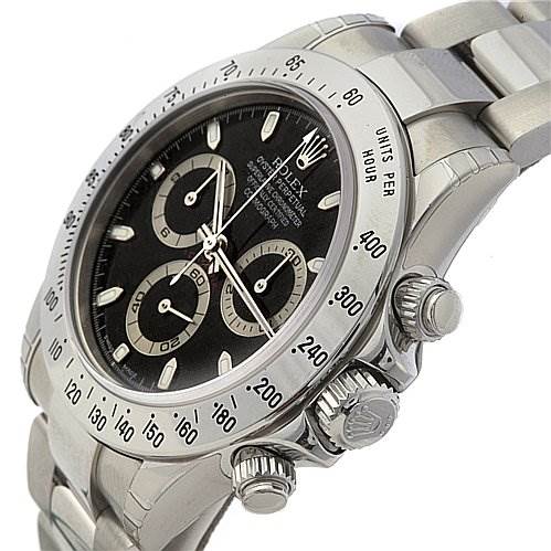 The image shows a Rolex Daytona 116520 Men's Stainless Steel Black Dial 116520 Men's Stainless Steel Black Dial watch at an angled side view, highlighting the dial, bezel, case, and part of the bracelet.
